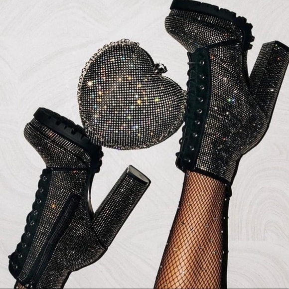 Wild Diva Shoes - BLACK RHINESTONE LUG SOLE BOOTIES